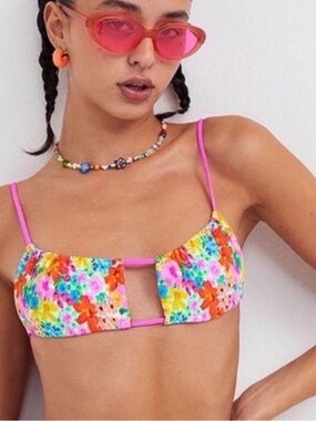 For Love & Lemons Merrill Multicolor Floral Bikini Top with Hot Pink Straps